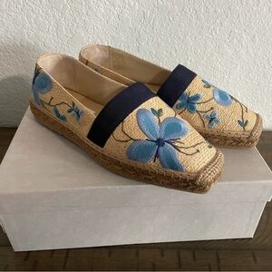 Floral Embroidered Espadrilles - Blue and Tan